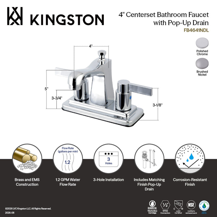 Kingston Tulare FB4648NDL - NuvoFusion Double-Handle 3-Hole Deck Mount 4-Inch Centerset Bathroom Faucet with Pop-Up Drain, Brushed Nickel