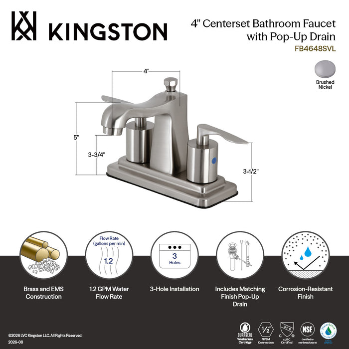 Kingston Tulare FB4648SVL - Serena Double-Handle 3-Hole Deck Mount 4-Inch Centerset Bathroom Faucet with Pop-Up Drain, Brushed Nickel
