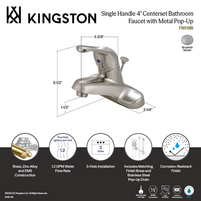Kingston Wyndham FB518B Single-Handle 3-Hole Deck Mount 4-Inch Centerset Bathroom Faucet with Brass Pop-Up, Brushed Nickel