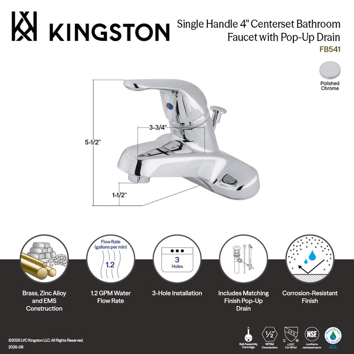 Kingston Tulare FB541 Single-Handle 3-Hole Deck Mount 4-Inch Centerset Bathroom Faucet with ABS Pop-Up Drain, Polished Chrome