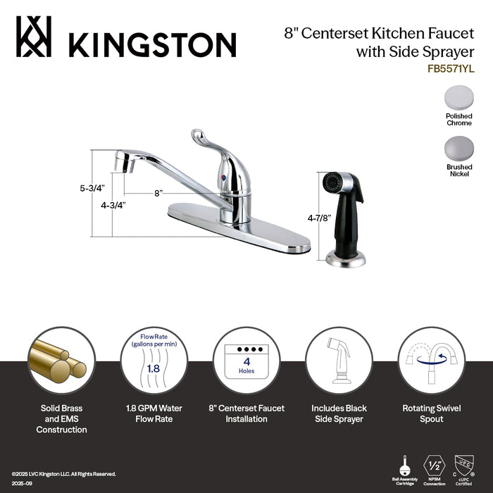 Kingston Tulare FB5578YL - Yosemite One-Handle 4-Hole 8" Centerset Kitchen Faucet with Side Sprayer, Brushed Nickel