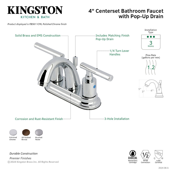 Kingston Tulare FB5611CML - Manhattan Double-Handle 3-Hole Deck Mount 4-Inch Centerset Bathroom Faucet with Pop-Up Drain, Polished Chrome