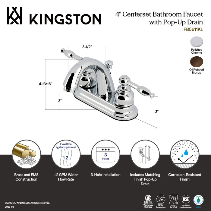 Kingston Tulare FB5611KL - Knight Double-Handle 3-Hole Deck Mount 4-Inch Centerset Bathroom Faucet with Pop-Up Drain, Polished Chrome