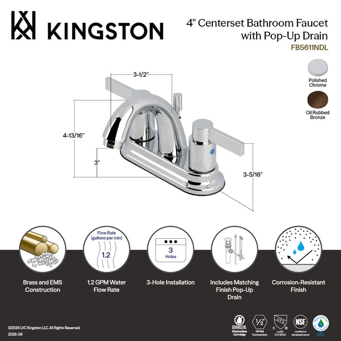Kingston Tulare FB5611NDL - NuvoFusion Double-Handle 3-Hole Deck Mount 4-Inch Centerset Bathroom Faucet with Pop-Up Drain, Polished Chrome