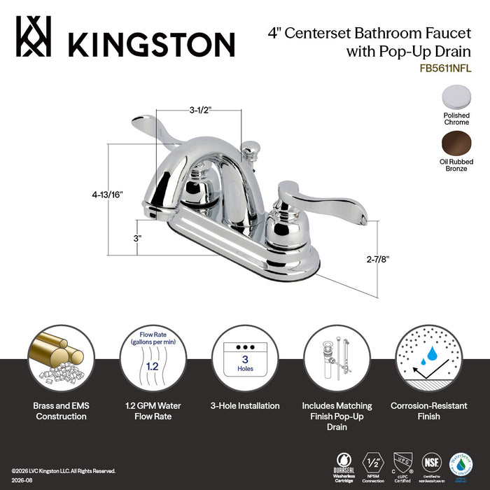 Kingston Tulare FB5611NFL - NuWave French Double-Handle 3-Hole Deck Mount 4-Inch Centerset Bathroom Faucet with Pop-Up Drain, Polished Chrome