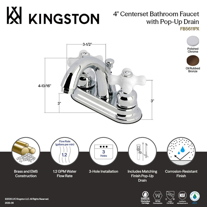 Kingston Heirloom FB5611PX - Restoration Double-Handle 3-Hole Deck Mount 4-Inch Centerset Bathroom Faucet with Pop-Up Drain, Polished Chrome