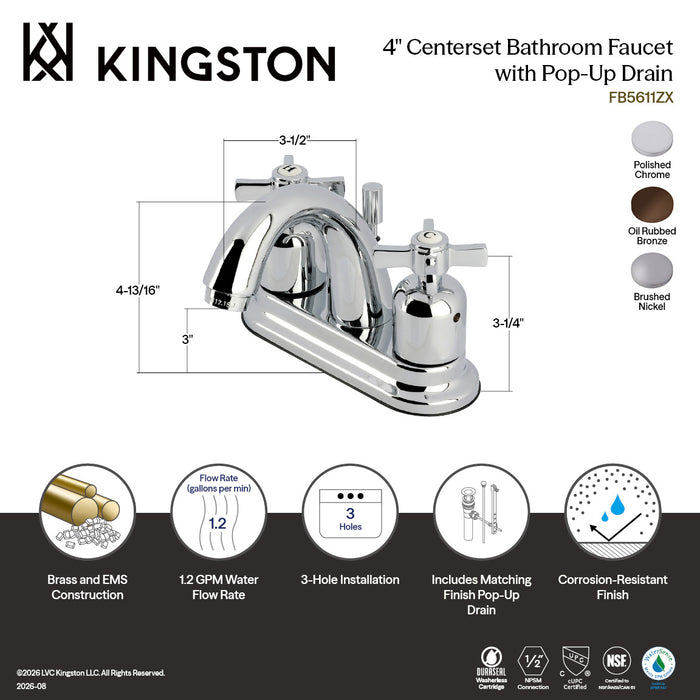 Kingston Tulare FB5611ZX - Millennium Double-Handle 3-Hole Deck Mount 4-Inch Centerset Bathroom Faucet with Pop-Up Drain, Polished Chrome
