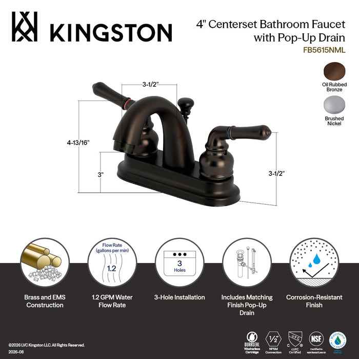 Kingston Tulare FB5615NML - Naples Double-Handle 3-Hole Deck Mount 4-Inch Centerset Bathroom Faucet with Pop-Up Drain, Oil Rubbed Bronze