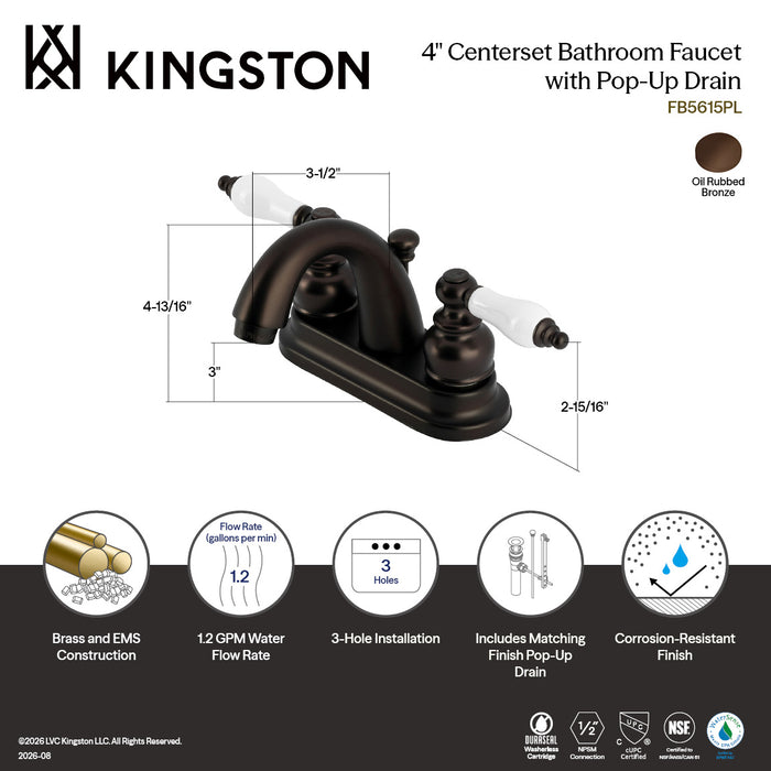 Kingston Tulare FB5615PL - Restoration Double-Handle 3-Hole Deck Mount 4-Inch Centerset Bathroom Faucet with Pop-Up Drain, Oil Rubbed Bronze