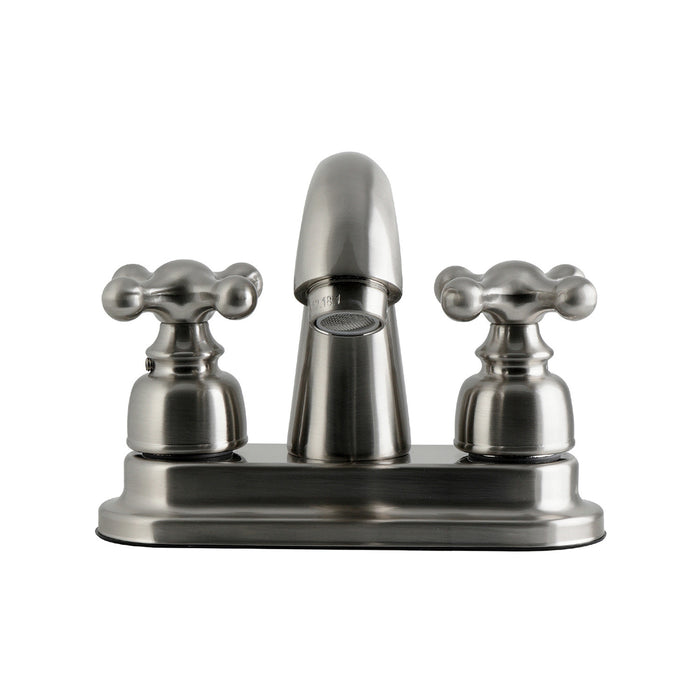 Kingston Restoration FB5618AX Double-Handle 3-Hole Deck Mount 4-Inch Centerset Bathroom Faucet with Pop-Up Drain, Brushed Nickel