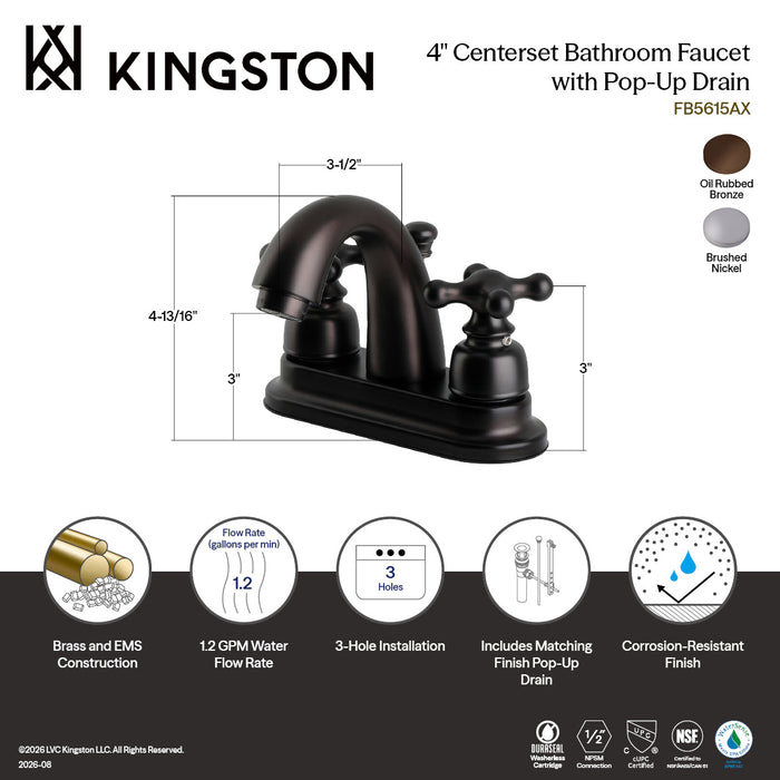 Kingston Restoration FB5618AX Double-Handle 3-Hole Deck Mount 4-Inch Centerset Bathroom Faucet with Pop-Up Drain, Brushed Nickel