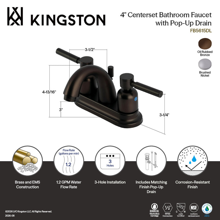 Kingston Tulare FB5618DL - Concord Double-Handle 3-Hole Deck Mount 4-Inch Centerset Bathroom Faucet with Pop-Up Drain, Brushed Nickel