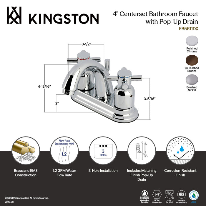 Kingston Tulare FB5618DX - Concord Double-Handle 3-Hole Deck Mount 4-Inch Centerset Bathroom Faucet with Pop-Up Drain, Brushed Nickel