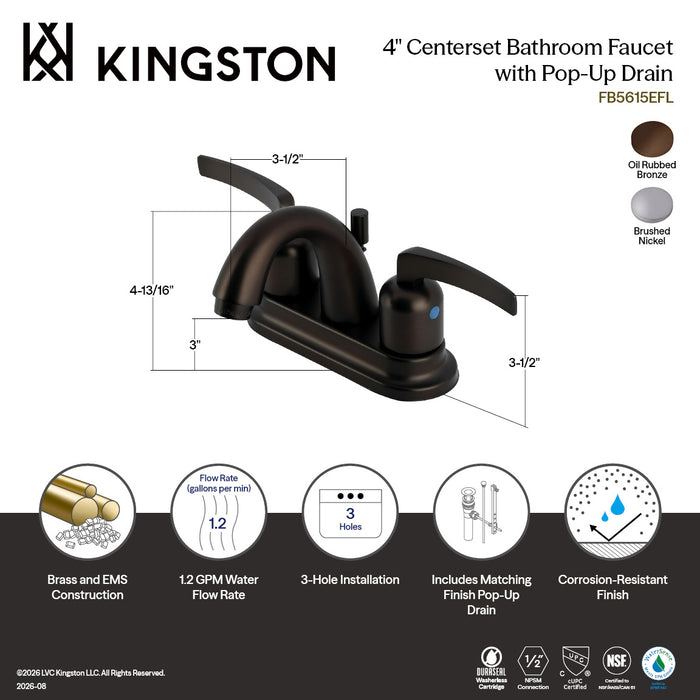 Kingston Tulare FB5618EFL - Centurion Double-Handle 3-Hole Deck Mount 4-Inch Centerset Bathroom Faucet with Pop-Up Drain, Brushed Nickel
