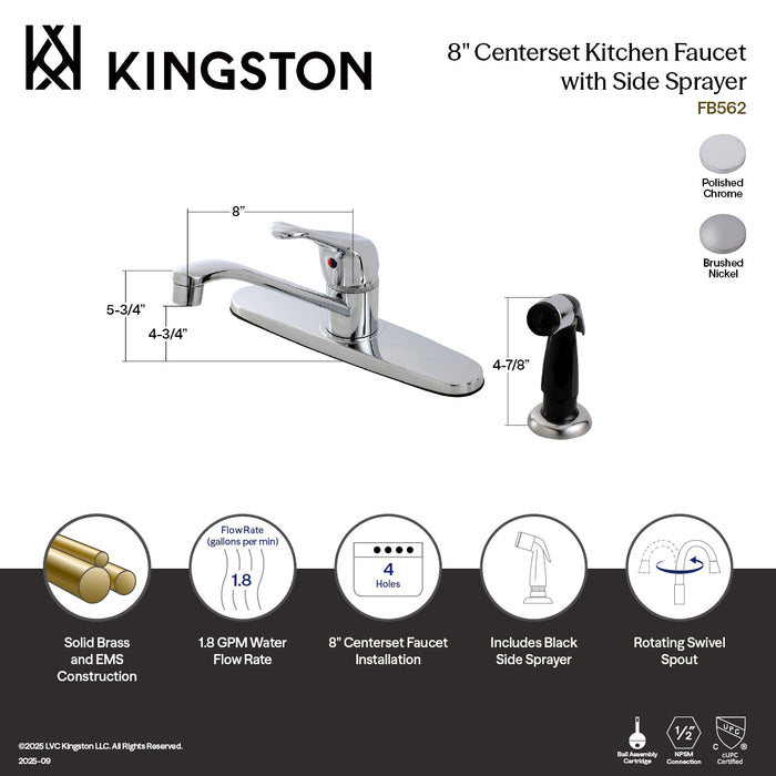 Kingston Tulare FB562 - Wyndham One-Handle 4-Hole 8" Centerset Kitchen Faucet with Side Sprayer, Polished Chrome