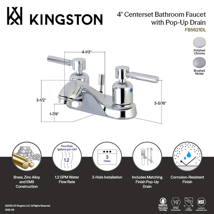 Kingston Tulare FB5621DL - Concord Double-Handle 3-Hole Deck Mount 4-Inch Centerset Bathroom Faucet with Pop-Up Drain, Polished Chrome