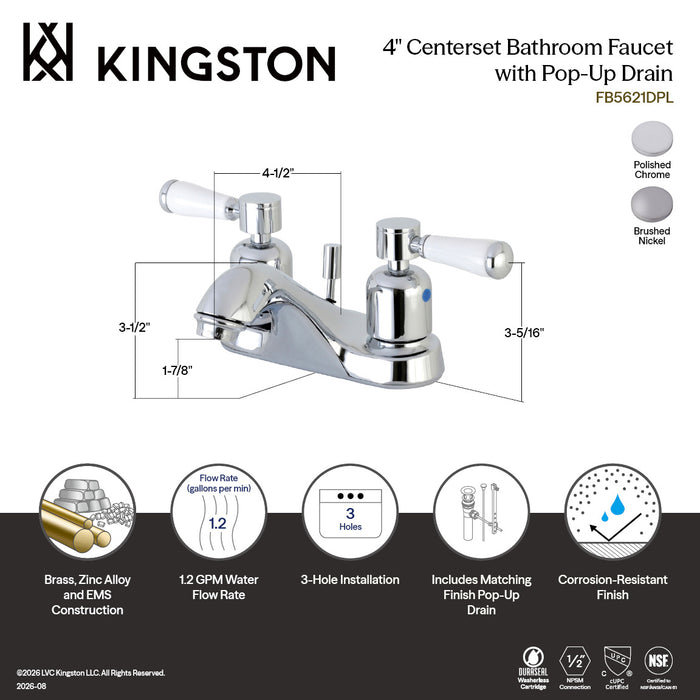 Kingston Tulare FB5621DPL - Paris Double-Handle 3-Hole Deck Mount 4-Inch Centerset Bathroom Faucet with Pop-Up Drain, Polished Chrome