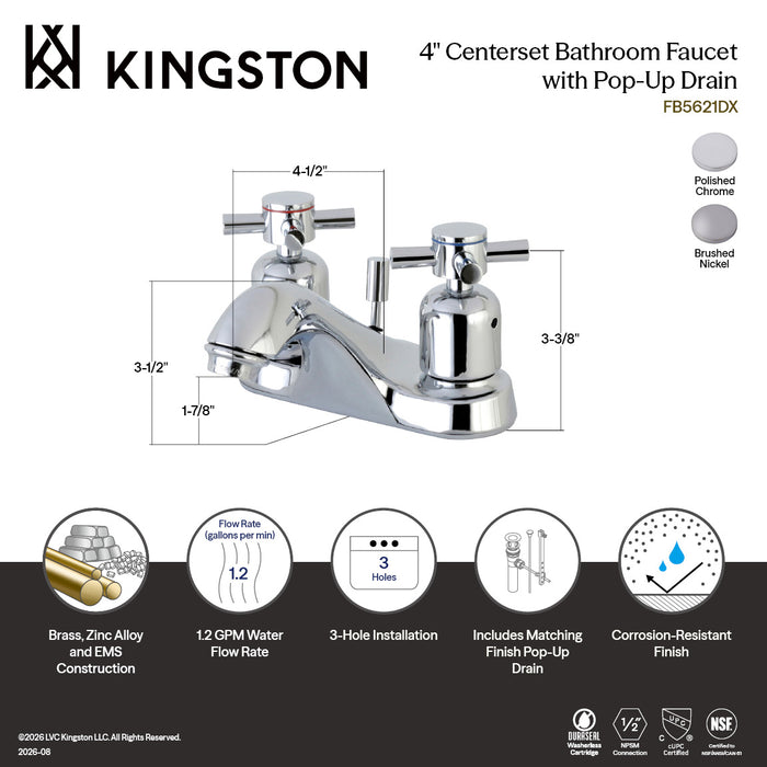 Kingston Tulare FB5621DX - Concord Double-Handle 3-Hole Deck Mount 4-Inch Centerset Bathroom Faucet with Pop-Up Drain, Polished Chrome