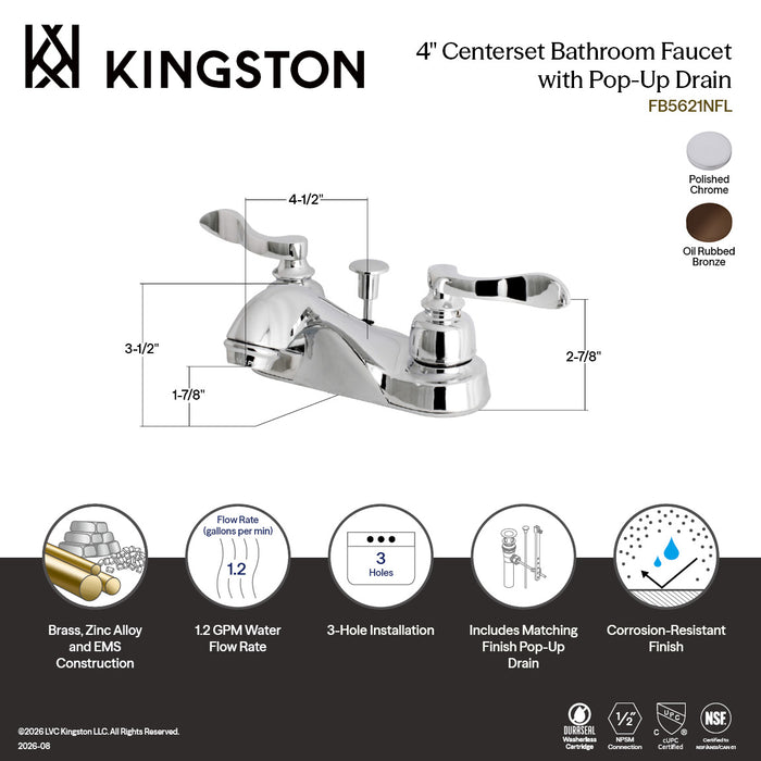 Kingston Tulare FB5625NFL - NuWave French Double-Handle 3-Hole Deck Mount 4-Inch Centerset Bathroom Faucet with Pop-Up Drain, Oil Rubbed Bronze