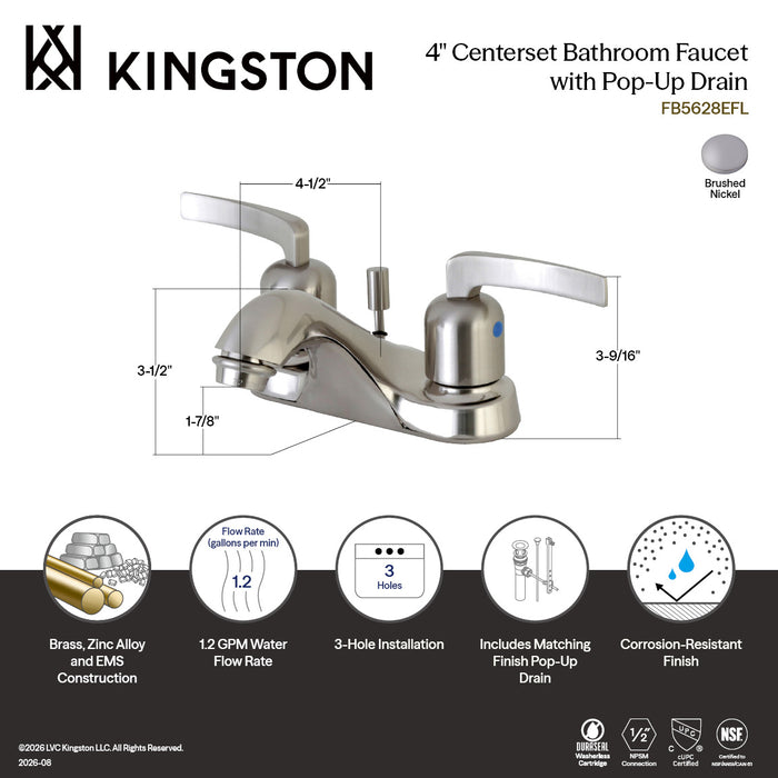 Kingston Tulare FB5628EFL - Centurion Double-Handle 3-Hole Deck Mount 4-Inch Centerset Bathroom Faucet with Pop-Up Drain, Brushed Nickel