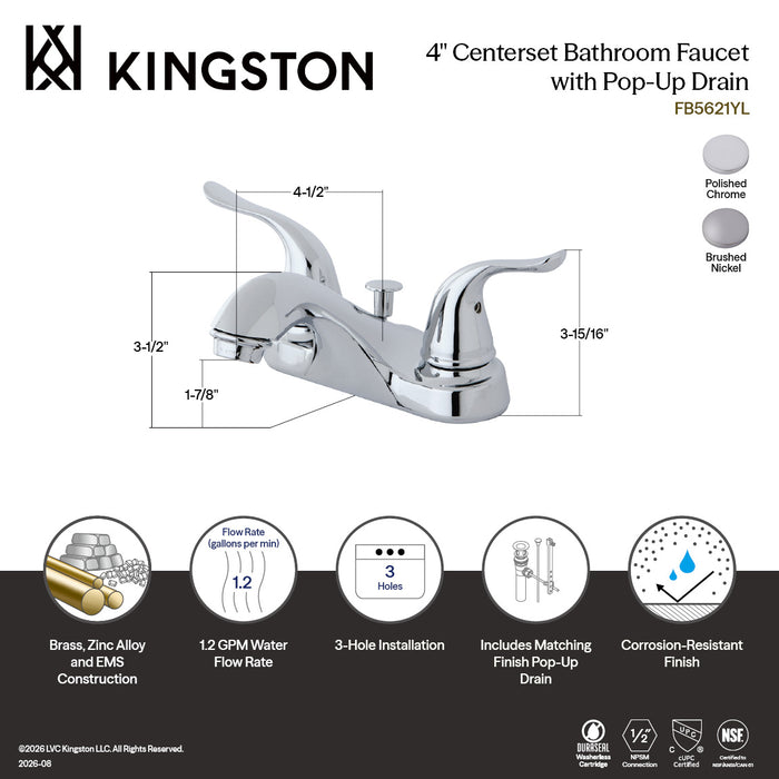 Kingston Tulare FB5628YL - Yosemite Double-Handle 3-Hole Deck Mount 4-Inch Centerset Bathroom Faucet with Pop-Up Drain, Brushed Nickel