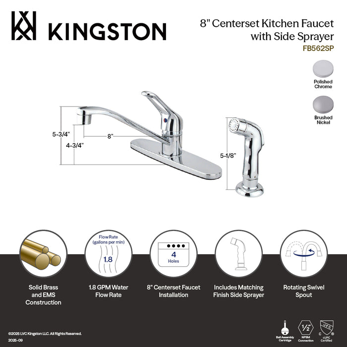 Kingston Tulare FB562SP - Wyndham One-Handle 4-Hole 8" Centerset Kitchen Faucet with Side Sprayer, Polished Chrome