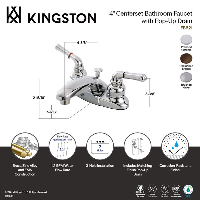 Kingston Tulare FB628 - Magellan Double-Handle 3-Hole Deck Mount 4-Inch Centerset Bathroom Faucet with Pop-Up Drain, Brushed Nickel