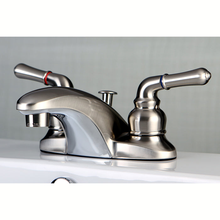 Kingston Tulare FB628 - Magellan Double-Handle 3-Hole Deck Mount 4-Inch Centerset Bathroom Faucet with Pop-Up Drain, Brushed Nickel