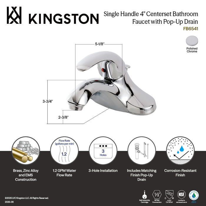 Kingston Tulare FB6541 - Legacy Single-Handle 3-Hole Deck Mount 4-Inch Centerset Bathroom Faucet with ABS Pop-Up Drain, Polished Chrome