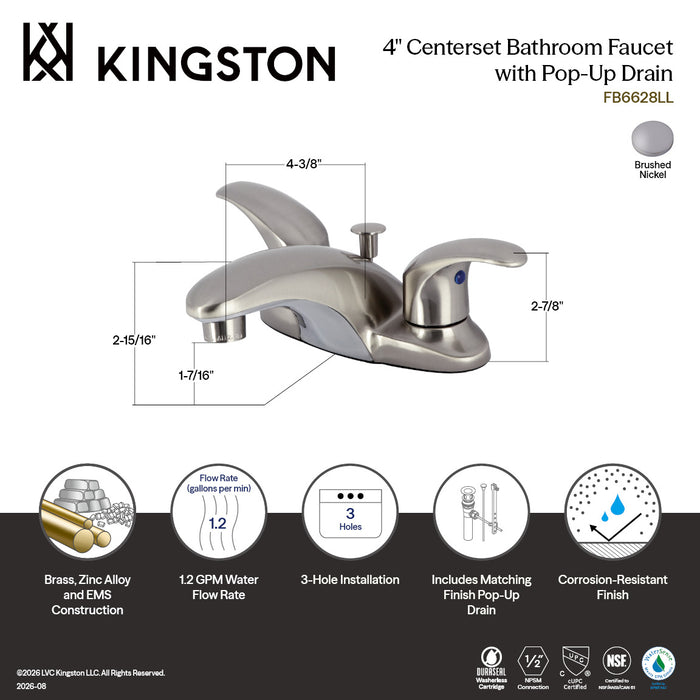 Kingston Tulare FB6628LL - Legacy Double-Handle 3-Hole Deck Mount 4-Inch Centerset Bathroom Faucet with Pop-Up Drain, Brushed Nickel
