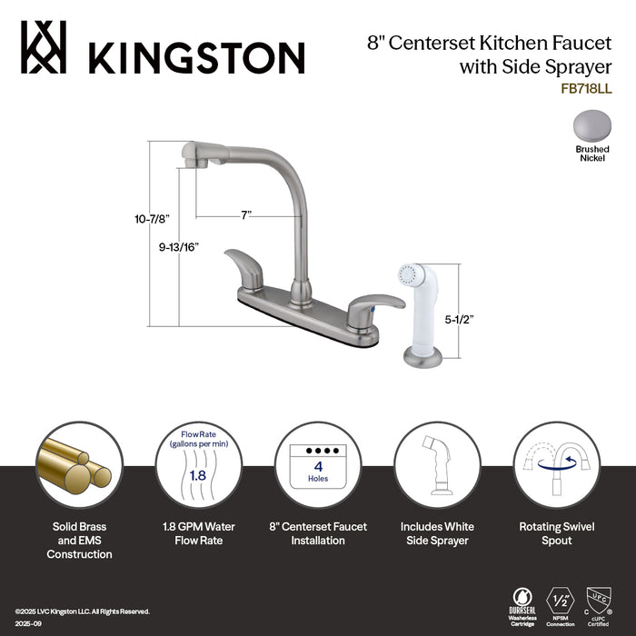 Kingston Legacy FB718LL Two-Handle 4-Hole 8" Centerset Kitchen Faucet with Side Sprayer, Brushed Nickel