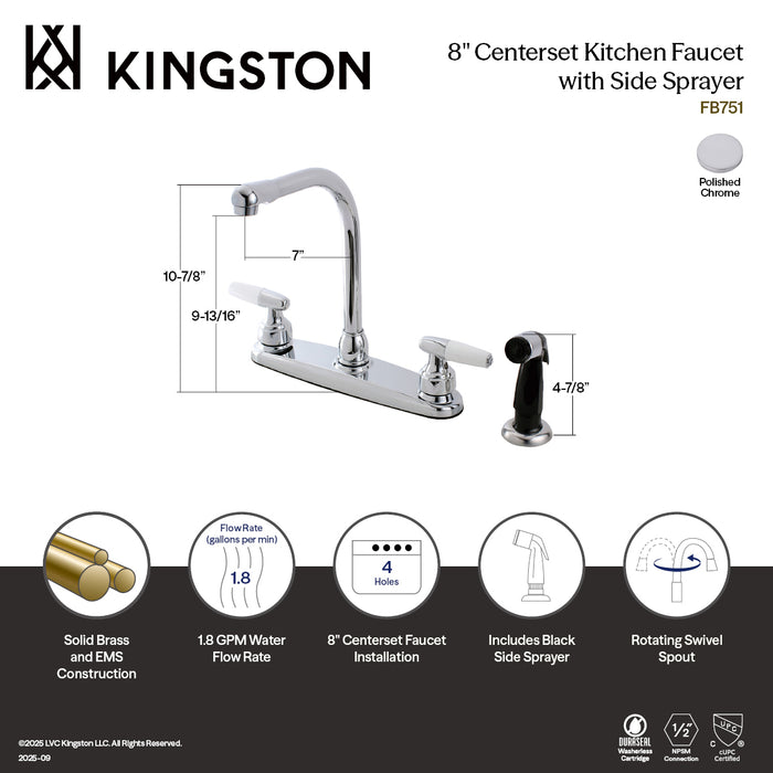 Kingston Americana FB751 Two-Handle 4-Hole 8" Centerset Kitchen Faucet with Side Sprayer, Polished Chrome