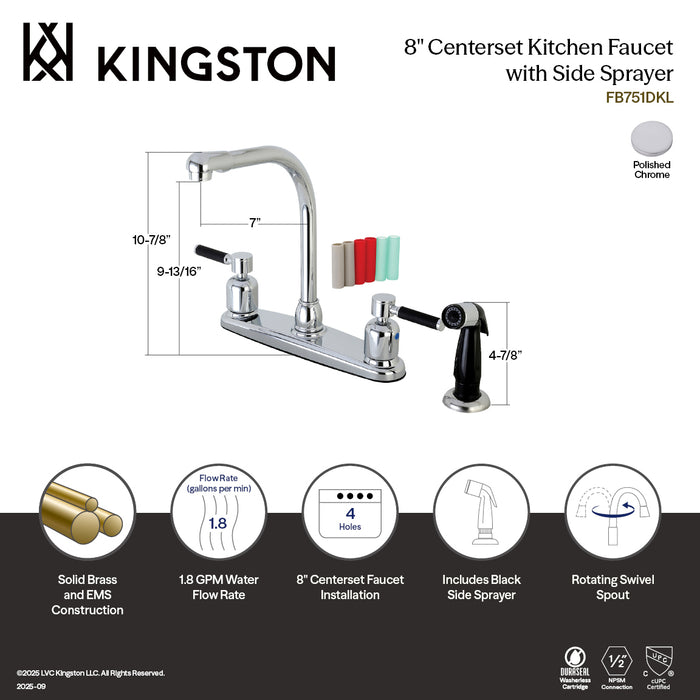 Kingston Kaiser FB751DKL Two-Handle 4-Hole 8" Centerset Kitchen Faucet with Side Sprayer, Polished Chrome