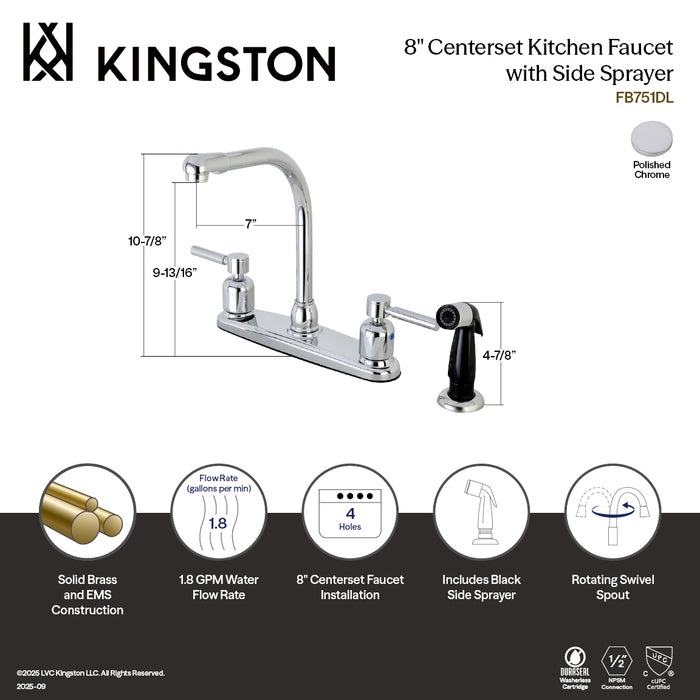 Kingston Concord FB751DL Two-Handle 4-Hole 8" Centerset Kitchen Faucet with Side Sprayer, Polished Chrome