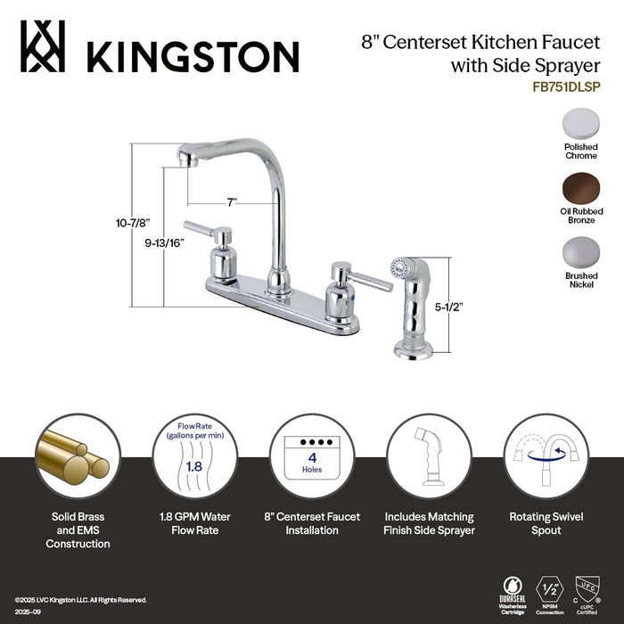 Kingston Tulare FB751DLSP - Concord Two-Handle 4-Hole 8" Centerset Kitchen Faucet with Side Sprayer, Polished Chrome