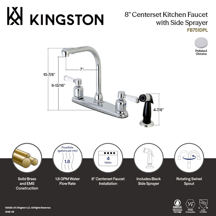 Kingston Paris FB751DPL Two-Handle 4-Hole 8" Centerset Kitchen Faucet with Side Sprayer, Polished Chrome