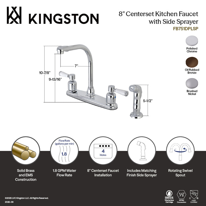 Kingston Tulare FB751DPLSP - Paris Two-Handle 4-Hole 8" Centerset Kitchen Faucet with Side Sprayer, Polished Chrome