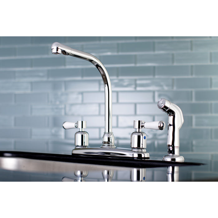 Kingston Tulare FB751DPLSP - Paris Two-Handle 4-Hole 8" Centerset Kitchen Faucet with Side Sprayer, Polished Chrome