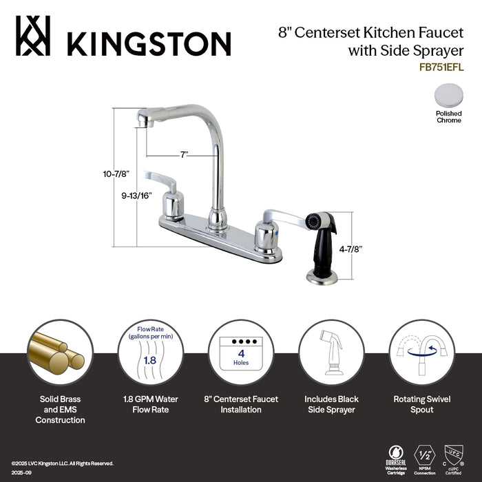 Kingston Centurion FB751EFL Two-Handle 4-Hole 8" Centerset Kitchen Faucet with Side Sprayer, Polished Chrome