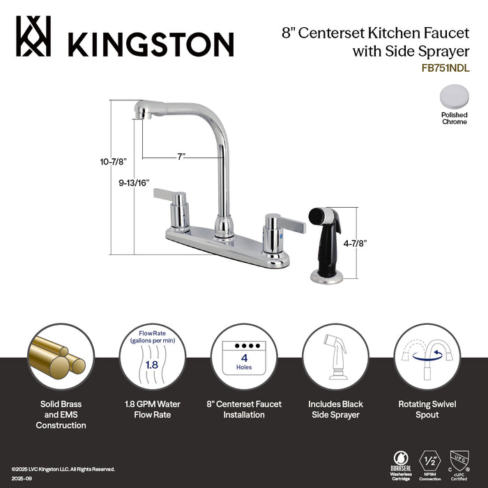Kingston NuvoFusion FB751NDL Two-Handle 4-Hole 8" Centerset Kitchen Faucet with Side Sprayer, Polished Chrome