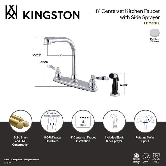 Kingston NuWave French FB751NFL Two-Handle 4-Hole 8" Centerset Kitchen Faucet with Side Sprayer, Polished Chrome