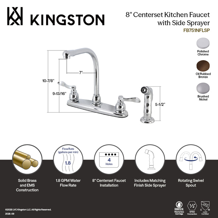 Kingston Tulare FB751NFLSP - NuWave French Two-Handle 4-Hole 8" Centerset Kitchen Faucet with Side Sprayer, Polished Chrome
