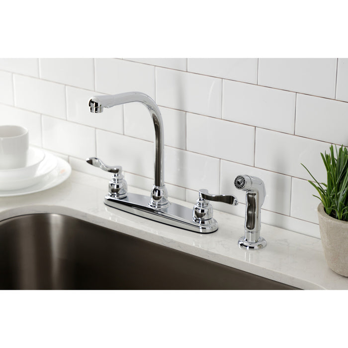 Kingston Tulare FB751NFLSP - NuWave French Two-Handle 4-Hole 8" Centerset Kitchen Faucet with Side Sprayer, Polished Chrome