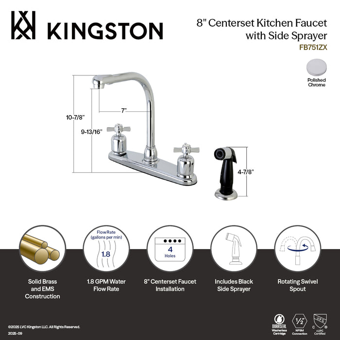 Kingston Millennium FB751ZX Two-Handle 4-Hole 8" Centerset Kitchen Faucet with Side Sprayer, Polished Chrome