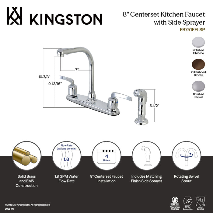 Kingston Tulare FB755EFLSP - Centurion Two-Handle 4-Hole 8" Centerset Kitchen Faucet with Side Sprayer, Oil Rubbed Bronze