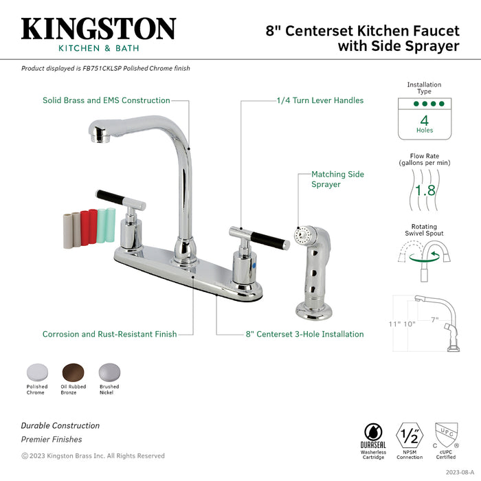 Kingston Tulare FB758CKLSP - Kaiser Two-Handle 4-Hole 8" Centerset Kitchen Faucet with Side Sprayer, Brushed Nickel