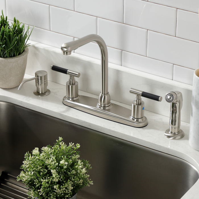 Kingston Tulare FB758CKLSP - Kaiser Two-Handle 4-Hole 8" Centerset Kitchen Faucet with Side Sprayer, Brushed Nickel