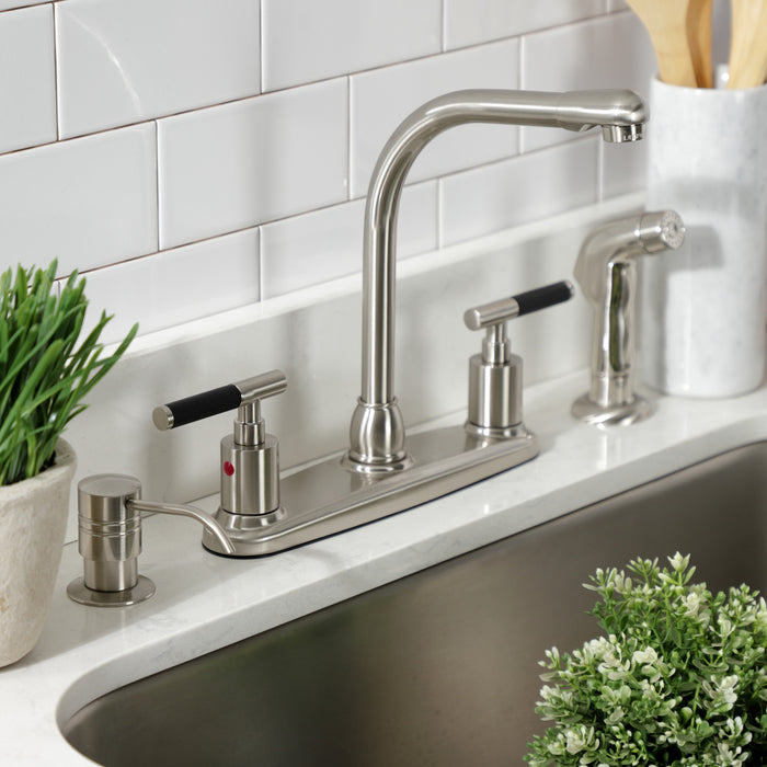 Kingston Tulare FB758CKLSP - Kaiser Two-Handle 4-Hole 8" Centerset Kitchen Faucet with Side Sprayer, Brushed Nickel
