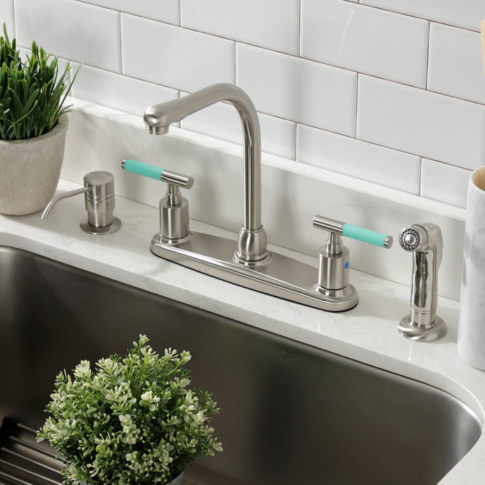 Kingston Tulare FB758CKLSP - Kaiser Two-Handle 4-Hole 8" Centerset Kitchen Faucet with Side Sprayer, Brushed Nickel