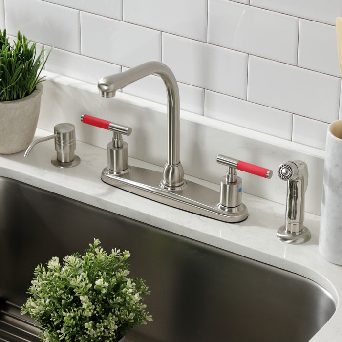 Kingston Tulare FB758CKLSP - Kaiser Two-Handle 4-Hole 8" Centerset Kitchen Faucet with Side Sprayer, Brushed Nickel